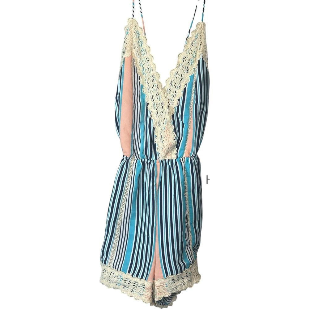 ILLA ILLA Blue Pink White Striped Lace Trim V-Neck Sleeveless Romper Size S